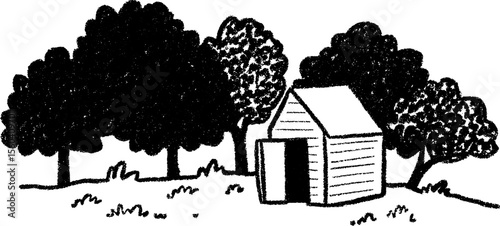 Autumn trees and farm shed sketch with open door - nature landscape art for design