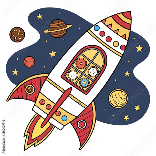 Cartoon rocket ship flying through space with planets and stars in a colorful and whimsical illustration
