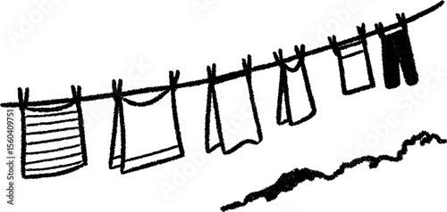 Rustic farmhouse scene with clothes drying on a line in a hand-drawn sketch