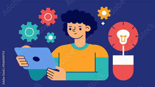 A person using a tablet to complete brain teasers and puzzles strengthening problemsolving skills and enhancing critical thinking abilities.. Vector illustration