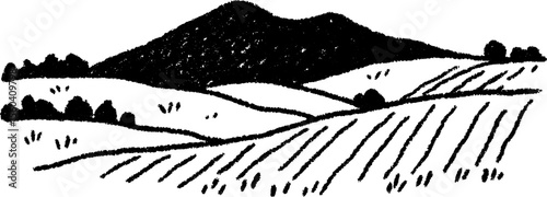 Scenic landscape of distant hills and farmland with crops in sketch style