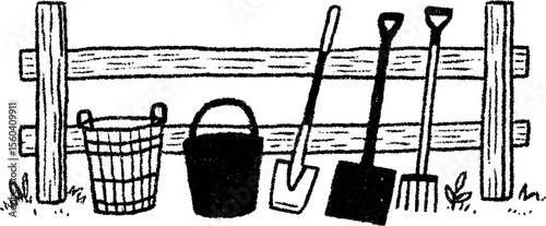 Rustic farm tools against barn wall - rural charm sketch for home decor