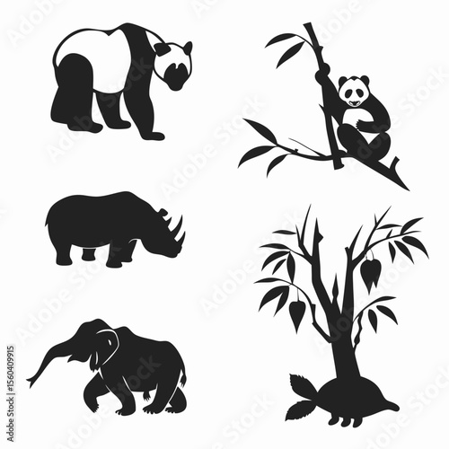 Silhouette vector set of wild zoo animals including elephant bear rhinoceros and horse in cartoon outline style