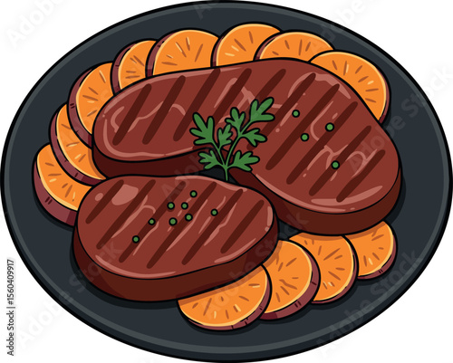 Grilled steak with sliced orange garnish on black plate vector food illustration for cooking and dining ideas