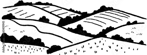 Hand drawn rolling hills with patchwork fields and textured landscape design