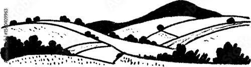Hand-drawn sketch of rolling hills and patchwork fields landscape