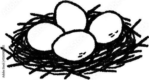 Hand drawn sketch of eggs resting in a straw nest for natural and rustic designs
