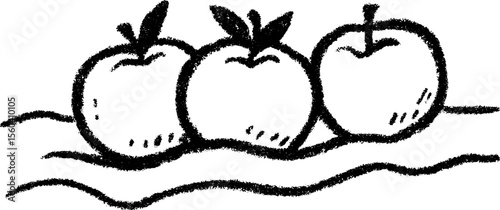 Hand drawn sketch of three apples resting on folded cloth