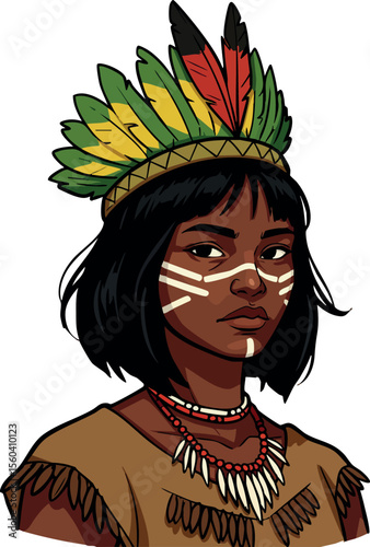 Indigenous woman with feather headdress and traditional face paint detailed portrait in vector style