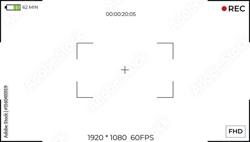 Viewfinder frame for video cameras. Template for camera recording screen overlay. Transparent PNG and vector graphic illustration.