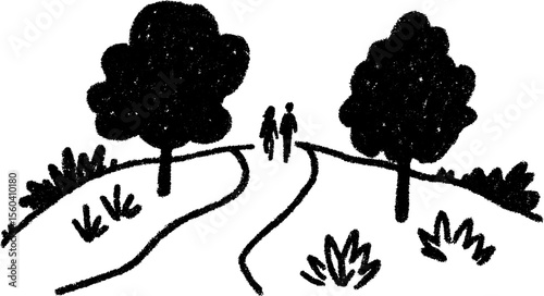 Sketch of joggers on shaded pathway in natural setting