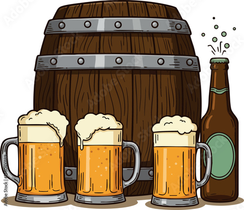 Beer mugs with frothy foam bottle and wooden barrel vector illustration for pub or brewery design