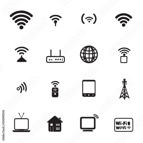 Vector art of collection of black wifi icons isolated on white background, depicting various wireless devices and network symbols