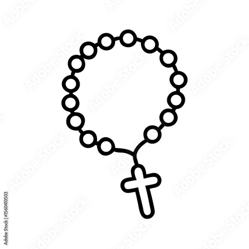 Outline of rosary beads with cross on white background  