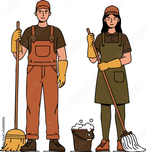 Two janitors standing with mops and bucket cleaning equipment in casual workwear vector illustration