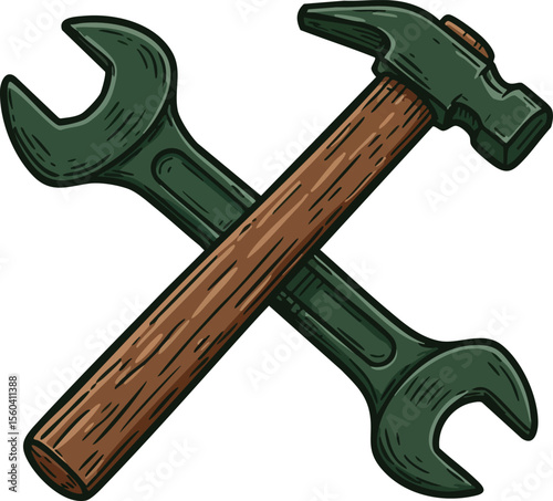 Hammer and wrench crossed tools with wooden handle for repair and maintenance work vector illustration