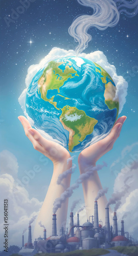 hands holding the Earth above industrial chimneys emitting smoke, symbolizing environmental responsibility and climate change