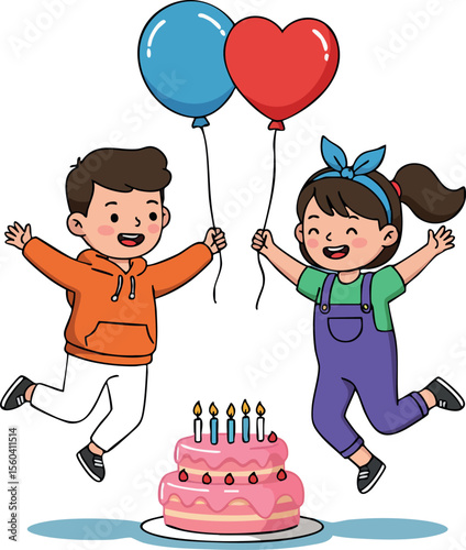 Children celebrating birthday with balloons and pink cake happy jumping and joyful atmosphere vector illustration