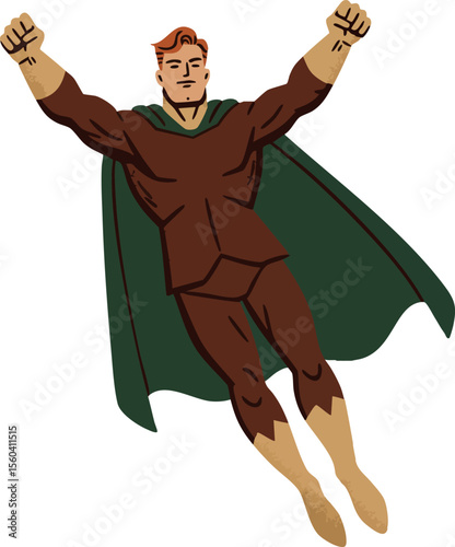 Superhero flying with green cape and brown suit in classic comic style vector illustration