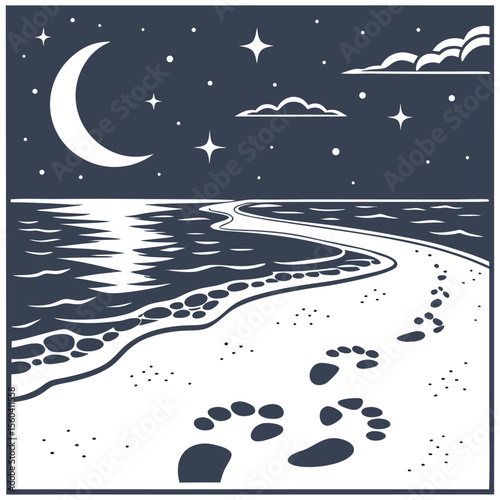 Illustration of a beach at night with a crescent moon stars clouds and footprints in the sand view