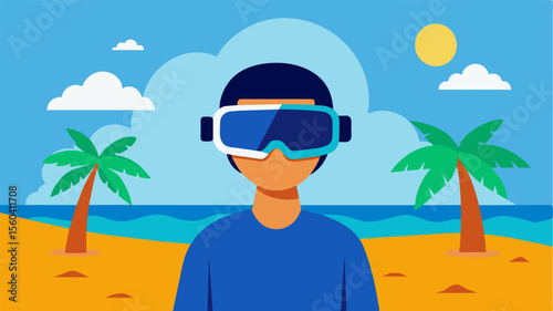 A person with a virtual reality headset on experiencing a simulation of a beach vacation with realistic sights sounds and smells.. Vector illustration