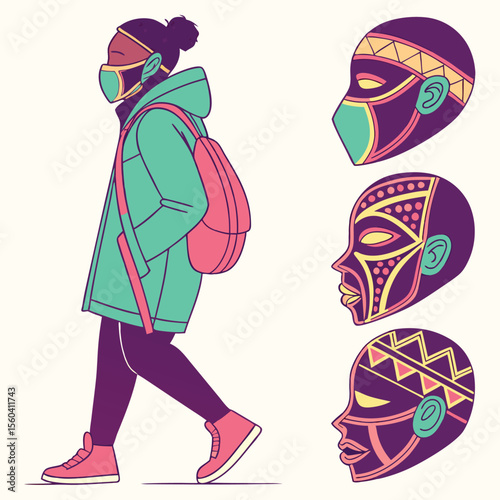 Illustration of a person wearing a mask with african masks displayed on a cream colored background