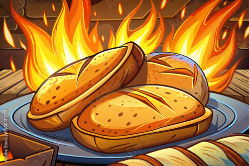 Crispy Artisan Bread Cooking Over Open Flame cartoon