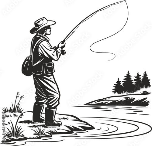Man Fly Fishing on Riverbank Silhouette Vector Illustration