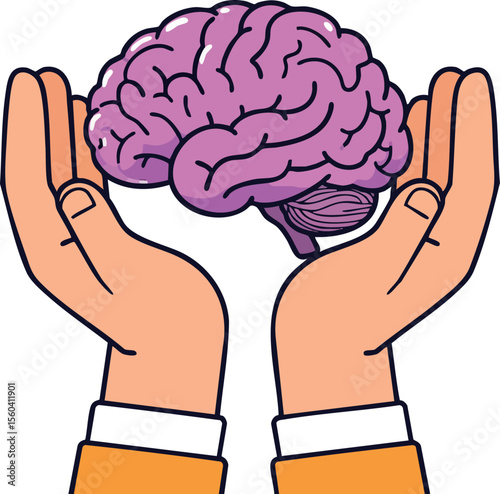Brain held carefully in hands symbolizing mental health and protection with purple brain and orange sleeves vector illustration