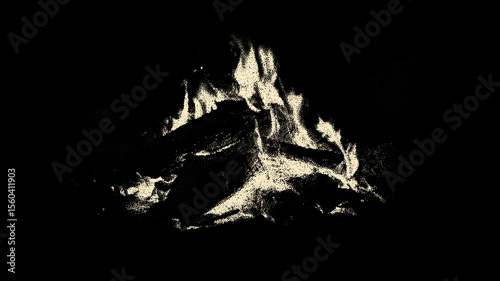 Burning campfire on black background in retro vintage dotwork style. Bonfire with logs in flame for hiking and camping