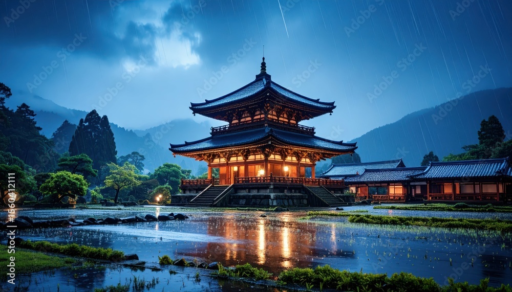 Naklejka premium Majestic Ancient Temple in Humid Rain Under Twilight Sky