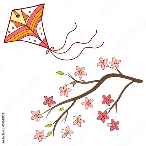 A kite with orange and pink patterns flying above a blossoming branch with pink flowers and green leaves