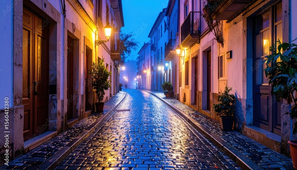 Fototapeta premium Twilight Alley with Cobbled Streets and Neon Reflections at Night