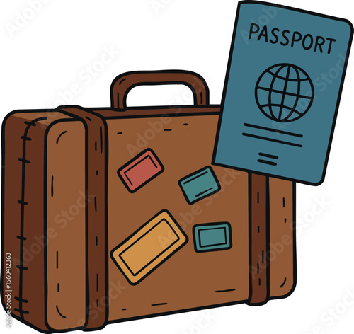 Brown suitcase with travel stickers and passport illustration for vacation and international trip planning design vector