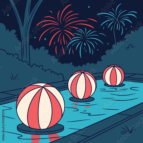 Three beach balls float in a pool under a night sky lit up with red and blue firework displays