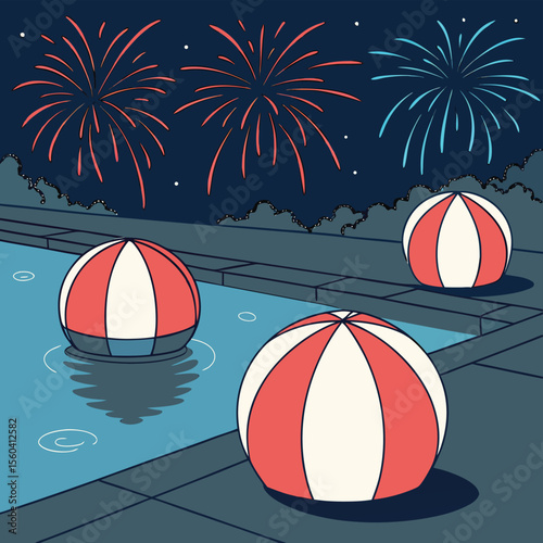 Night scene with beach balls near a pool and fireworks in the sky celebrating a summer party event