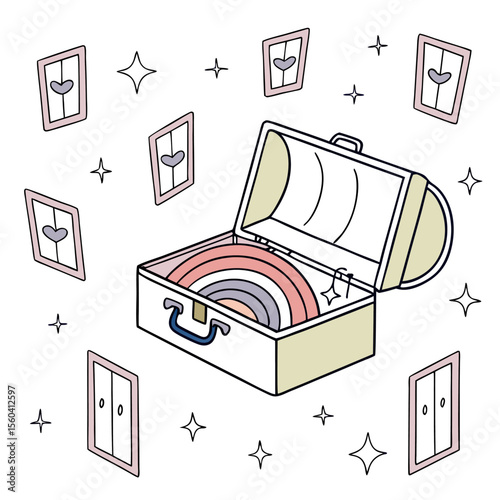 Open suitcase with rainbow inside surrounded by floating doors and stars on a white background