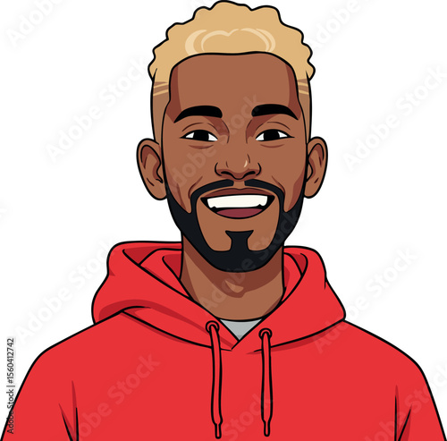 Young man with blond hair and beard smiling wearing red hoodie vector portrait illustration