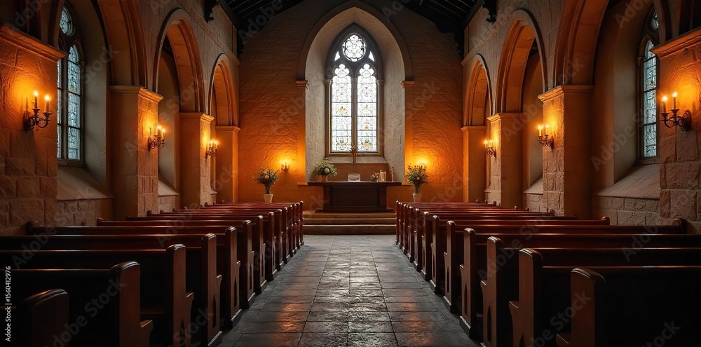 Fototapeta premium Candlelight Illuminates Rustic Church Interior Peaceful, Spiritual Scene of Aged Wood Pews and Stone Walls, Perfect for Faith, Hope, and Tranquility Themes.