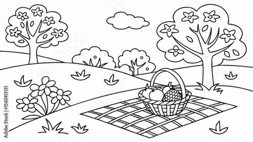 Line art coloring page, summer theme, a picnic scene in a park with a checkered blanket, basket, fruits, trees, flowers, and happy families, simple lines, no shading, black and white