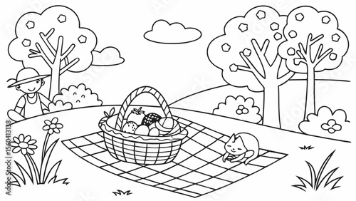 Line art coloring page, summer theme, a picnic scene in a park with a checkered blanket, basket, fruits, trees, flowers, and happy families, simple lines, no shading, black and white