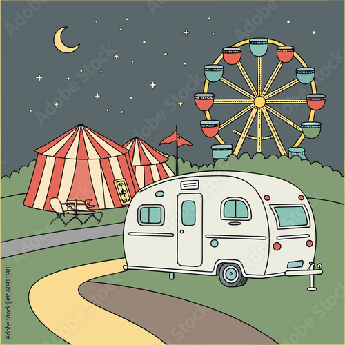 Illustration of a trailer parked near circus tents and a ferris wheel under a starry night sky scene