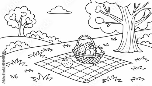 Line art coloring page, summer theme, a picnic scene in a park with a checkered blanket, basket, fruits, trees, flowers, and happy families, simple lines, no shading, black and white