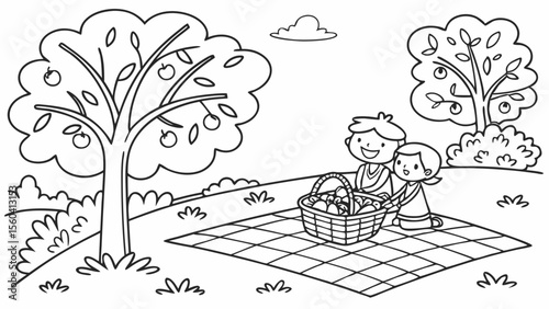 Line art coloring page, summer theme, a picnic scene in a park with a checkered blanket, basket, fruits, trees, flowers, and happy families, simple lines, no shading, black and white