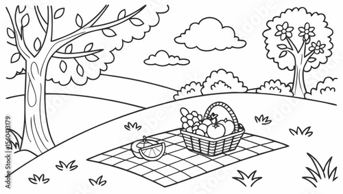 Line art coloring page, summer theme, a picnic scene in a park with a checkered blanket, basket, fruits, trees, flowers, and happy families, simple lines, no shading, black and white