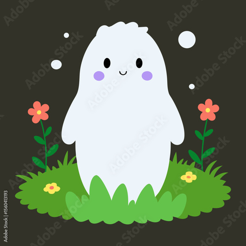 Vector art illustration of a ghost in the garden at night