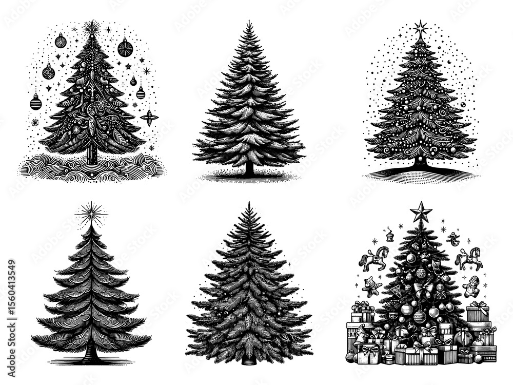 Obraz premium Christmas Trees with Gifts and Decorations Set collection bundle sketch engraving generative ai PNG illustration. Scratch board imitation. Black and white image.