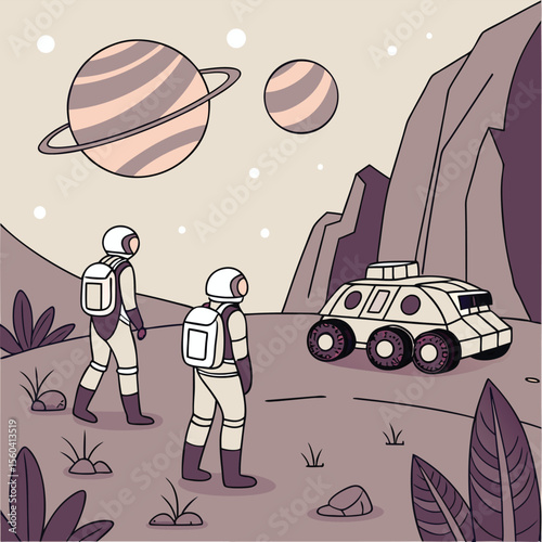 Two astronauts exploring a planet with a rover, planets, and mountains in the background scenery view