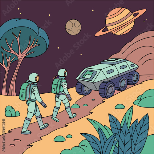 Two astronauts walking on a path with a rover, planets and trees in the background, a space scene
