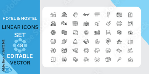 48 editable vector linear icons depicting various hotel and hostel amenities, services, and facilities.